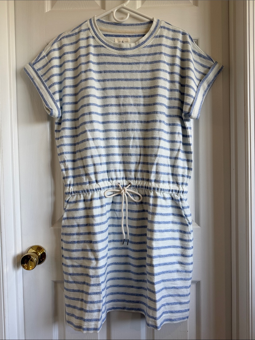 NWT Lou & Grey Cream and Light Blue Striped Drawstring Mini Dress